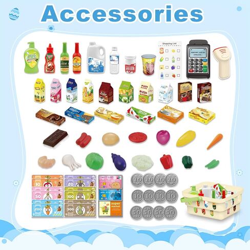 RedCrab Kids Shopping Cart,75PCS Toy Shopping Cart Playset with Food Shop Accessories, Adjustable Shopping Cart Arm,Shopping Basket Grocery Store Games for Ages 3 4 5 67 8+ (Blue) in Kuwait