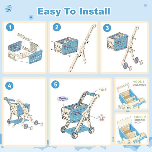 RedCrab Kids Shopping Cart,75PCS Toy Shopping Cart Playset with Food Shop Accessories, Adjustable Shopping Cart Arm,Shopping Basket Grocery Store Games for Ages 3 4 5 67 8+ (Blue) in Kuwait