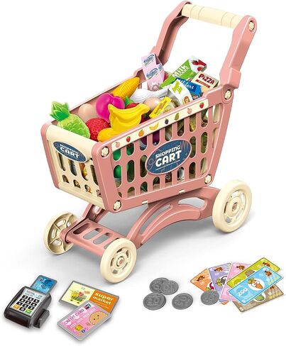 RedCrab Kids Shopping Cart Toy Supermarket 54pcs Playset Included Grocery Cart Toy,Credit Card Pretend Fruit Vegetables Shop Accessories for Boy Girl Kid (Pink) in Kuwait