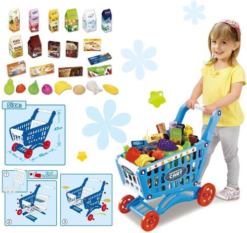RedCrab Kids Shopping Cart Toy Supermarket 54pcs Playset Included Grocery Cart Toy,Credit Card Pretend Fruit Vegetables Shop Accessories for Boy Girl Kid (Pink) in Kuwait
