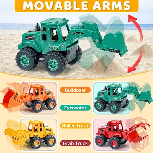 Beestech Construction Toys for 3 Years Old Boys Girls Kids, Friction Powered Construction Truck Toys Vehicles Sand Toys Trucks Excavator, Bulldozer, Road Roller (Colorful 4 Pack) in Kuwait