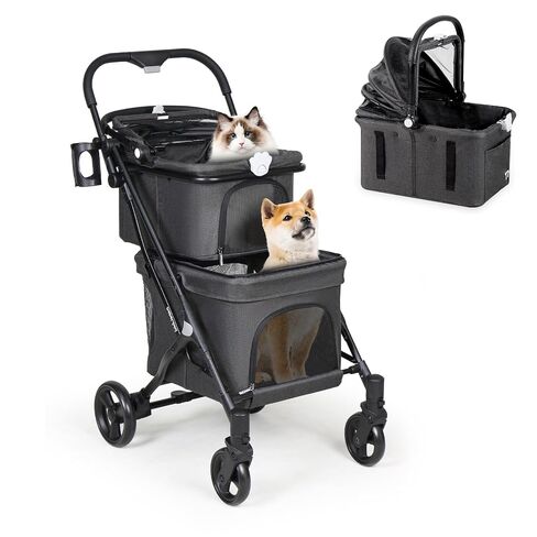 عربة أطفال Beberoad Pets R5 للكلاب الصغيرة والقطط 3 في 1 عربة سفر للحيوانات الأليفة خفيفة الوزن وقابلة للطي مع حامل قابل للإزالة (أسود) in Kuwait