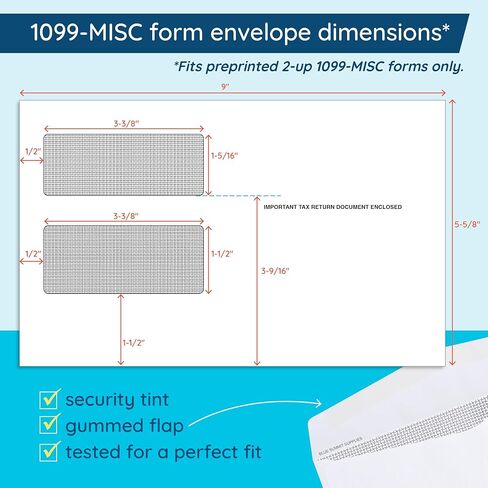 50 1099 MISC Tax Envelopes - Designed for printed 1099 Laser Forms from Quickbooks or Similar Tax Software - 5 5/8 Inch x 9 Inch, Gummed Flap, 50 Form Envelopes in Saudi Arabia