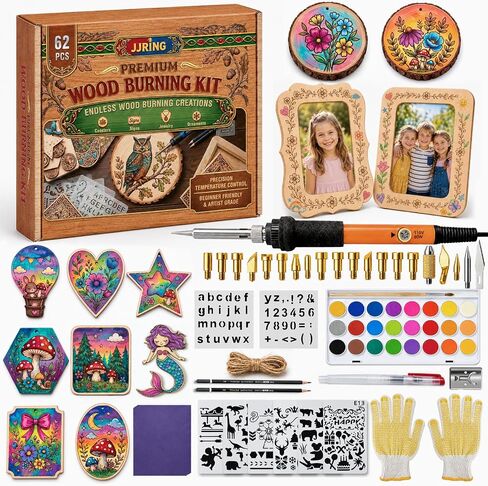 JJRING Wood Burning Kit - 62PCS Professional Wood Burning Tool With Adjustable Temperature Pyrography Pen, 24-Color Paint Set, Wood Slices & Stencils, Complete Wood burner Crafts Kit For Beginners in Saudi Arabia