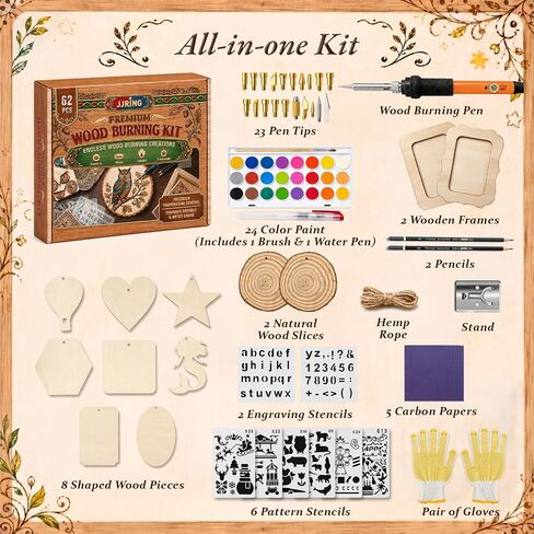 JJRING Wood Burning Kit - 62PCS Professional Wood Burning Tool With Adjustable Temperature Pyrography Pen, 24-Color Paint Set, Wood Slices & Stencils, Complete Wood burner Crafts Kit For Beginners in Saudi Arabia