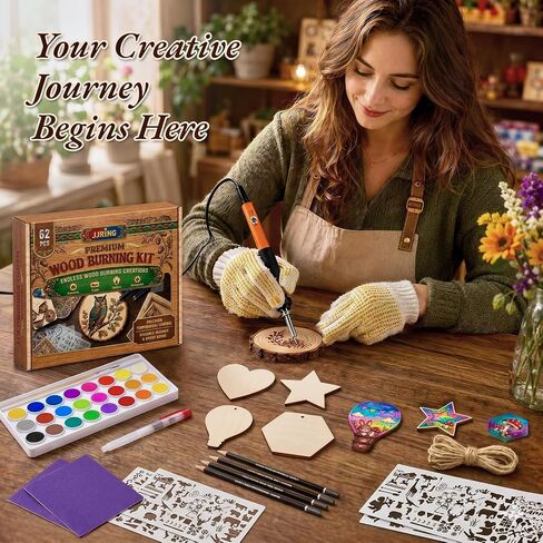 JJRING Wood Burning Kit - 62PCS Professional Wood Burning Tool With Adjustable Temperature Pyrography Pen, 24-Color Paint Set, Wood Slices & Stencils, Complete Wood burner Crafts Kit For Beginners in Saudi Arabia