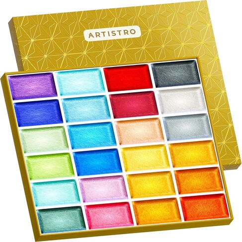 ARTISTRO Professional Metallic Watercolor Paint Set for Adults - 24 Pigment-Rich Colors, XL Pans, ASTM-I Lightfastness, High Tinting Strength Watercolor Set for Professionals made by professionals in Kuwait