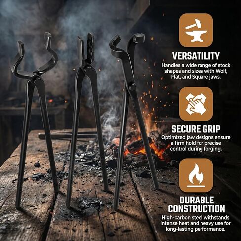 Blacksmith Tongs Set 3 Pcs Flat, Wolf Jaw Bolt, Heavy Duty Forged Steel in Kuwait