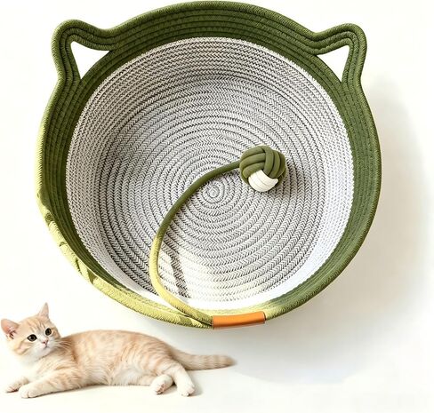 Handwoven Cotton Rope Cat Bed Basket, Foldable Cat Scratcher Basket, Large Green in Kuwait