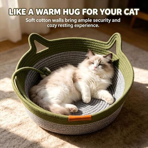 Handwoven Cotton Rope Cat Bed Basket, Foldable Cat Scratcher Basket, Large Green in Kuwait