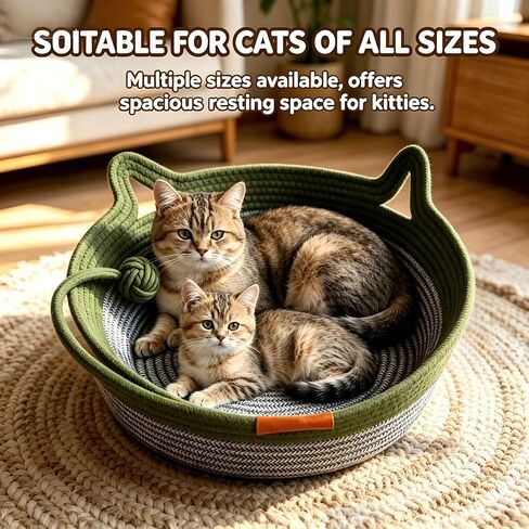 Handwoven Cotton Rope Cat Bed Basket, Foldable Cat Scratcher Basket, Large Green in Kuwait