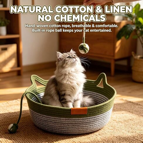 Handwoven Cotton Rope Cat Bed Basket, Foldable Cat Scratcher Basket, Large Green in Kuwait