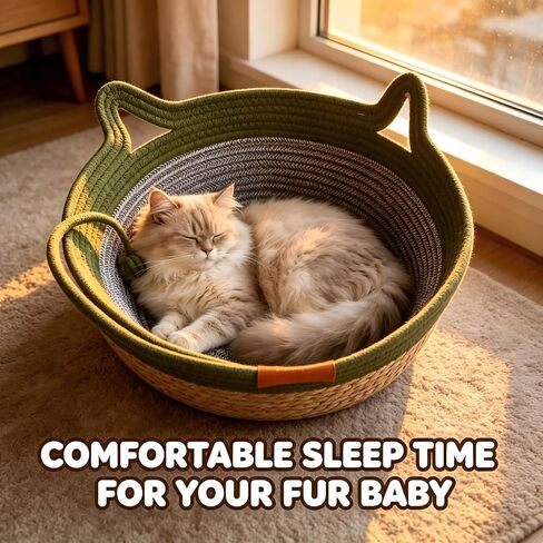 Handwoven Cotton Rope Cat Bed Basket, Foldable Cat Scratcher Basket, Large Green in Kuwait