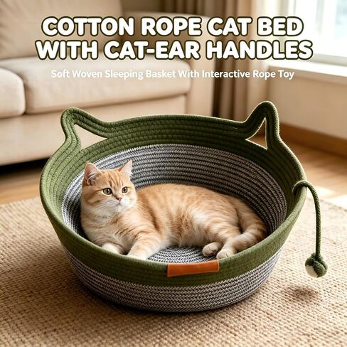 Handwoven Cotton Rope Cat Bed Basket, Foldable Cat Scratcher Basket, Large Green in Kuwait