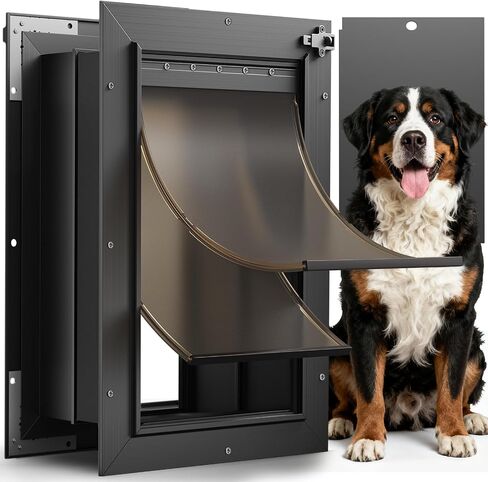 Dog Door for Wall, All Aluminum Large Doggy Door Doggie door, Pet Door Easy to Install, 2 Magnetic Flaps Energy Efficient, Wide Telescoping Tunnel for Interior & Exterior Walls, Pet Up to 110 Lb-Black in Saudi Arabia