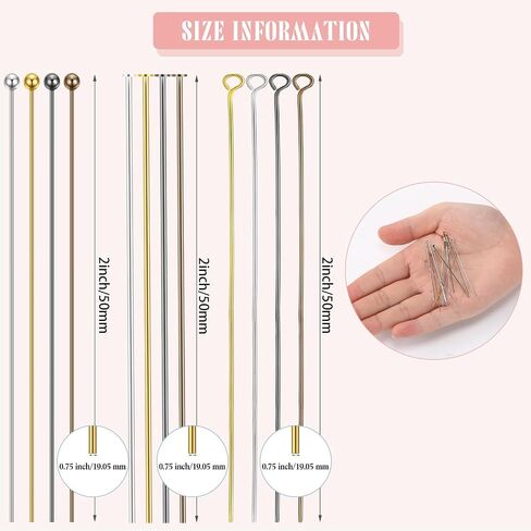 Unittype 600 Pcs Ball Head Pins Eye Pins Flat Head Pins with Plastic Box 50 mm Jewelry Making Pin Head Pins for Craft Earring Bracelet Necklace Pendant Making (Assorted Color,2 Inch) in Kuwait