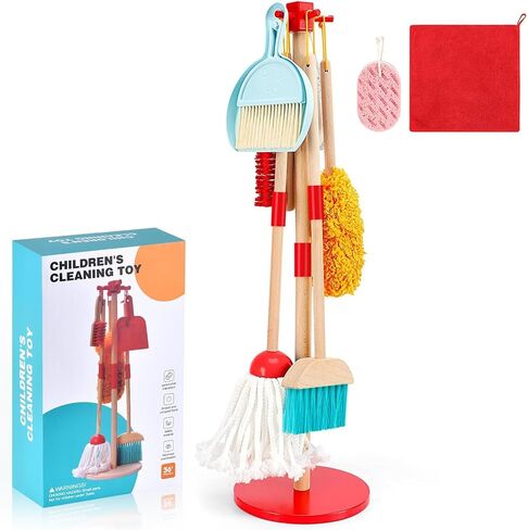 WHOHOLL Wooden Cleaning Toy Set Kids Broom and Dustpan Set for Housekeeping 9 Pcs Broom and Mop Set for Toddlers 3-6, Cleaning Toys with Sponge, Christmas Birthday Gifts for Boys Girls in Saudi Arabia