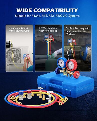 Orion Motor Tech AC Gauges, AC Manifold Gauge Set for R134a R12 R502 Refrigerant, 3 Way Car AC Gauge Set with 5FT Hoses Couplers & Adapter, Puncturing & Self Sealing Can Tap Freon Charge Kit in Kuwait