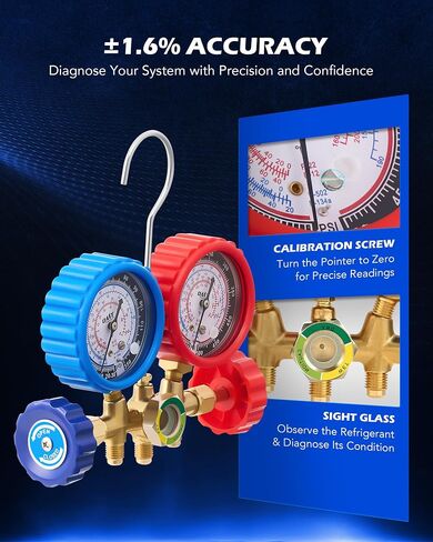 Orion Motor Tech AC Gauges, AC Manifold Gauge Set for R134a R12 R502 Refrigerant, 3 Way Car AC Gauge Set with 5FT Hoses Couplers & Adapter, Puncturing & Self Sealing Can Tap Freon Charge Kit in Kuwait