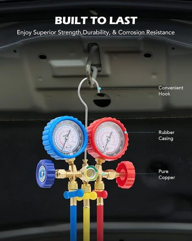 Orion Motor Tech AC Gauges, AC Manifold Gauge Set for R134a R12 R502 Refrigerant, 3 Way Car AC Gauge Set with 5FT Hoses Couplers & Adapter, Puncturing & Self Sealing Can Tap Freon Charge Kit in Kuwait
