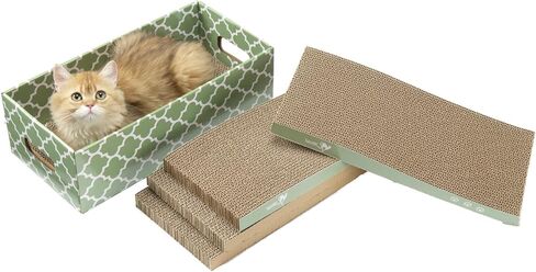 Cat Scratcher Cardboard Scratching Pads Scratch Lounge Bed with Catnip 3PCS Reversible Corrugated Cardboard with Scratch Box in Kuwait