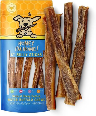 Honey I'm Home, Bully Sticks Buffalo Dog Chews, 6 Inches, 5 Pieces - All Natural, Free Range, Healthy, Grain Free, Honey Coated & Crispy in Kuwait