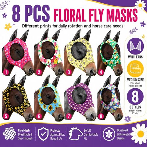 8 Pcs Horse Fly Masks for Horses Comfort Horse Fly Mask with Ears UV Protection Fly Masks Elasticity Horse Face Mask Horse Masks Covering for Horses Riding Supplies(Flower, Large) in Saudi Arabia