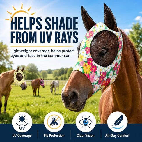 8 Pcs Horse Fly Masks for Horses Comfort Horse Fly Mask with Ears UV Protection Fly Masks Elasticity Horse Face Mask Horse Masks Covering for Horses Riding Supplies(Flower, Large) in Saudi Arabia