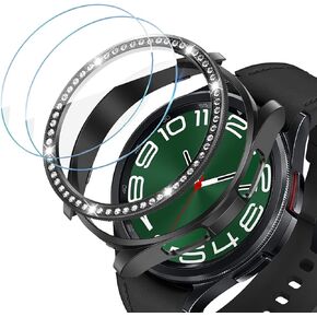 [عبوتان + عبوتان] حافظة متوافقة مع ساعة Samsung Galaxy Watch 6 Classic 43mm / 47mm، حافظة واقية من الكمبيوتر الشخصي + حلقة إطار من حجر الراين اللامع من PC + 2 طبقة حماية للشاشة من الزجاج المقوى، أسود + أسود
