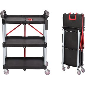 lesolar Portable Folding Service Cart - 3 Tier 150LBS Capacity - Rolling Cart Utility Cart Foldable Cart with Wheels for Warehouse Home, Black