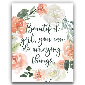 Coral Pink, White, Green Flower Word Wall Art | Inspirational 11x14 UNFRAMED Rose Watercolor Print | ‘Beautiful Girl, You Can Do Amazing Things’ | Botanical, Floral, Farmhouse Home Decor