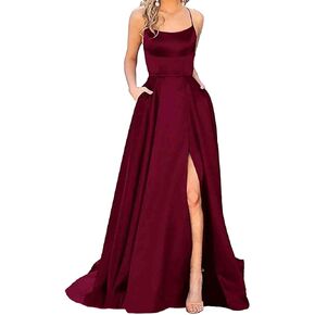 Women's Elegant Long Prom Dresses with Pockets Satin Halter Spaghetti Strap Wedding Dress Gowns
