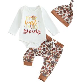 FIOMVA My First Thanksgiving Outfits Baby Boy Turkey Onesie Long Sleeve Romper+Turkey Pant Hat Newborn Fall Clothes