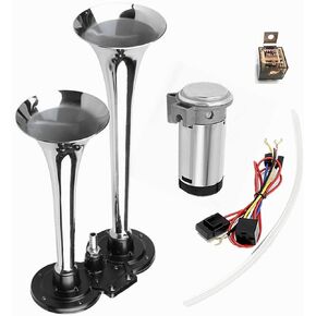 Viping Air Horn Car Horn 12V 150DB Trumpet Truck Air Horn Double Tube Silver Chrome Zinc Dual Trumpet Air Horn with Compressor Car Speaker for any 12V Vehicles Trucks Lorrys Trains Boats Cars ect