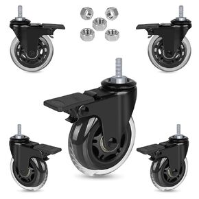 Hirate 3 inch Brake Caster Set of 5, Heavy Duty 5/16"-18UNC Threaded Stem Casters Lockable Swivel Casters for Office Chairs Home Furniture with Hex Nuts