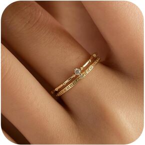 AIBELOPY 2 Layered Crown Rings for Women 925 Sterling Silver 14K Gold Dainty Cubic Zirconia Ring Engagement Eternity Band Stackable Ring Jewelry Birthday Graduation Gifts for Daughter Friends