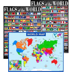World Map and Flags Posters- Laminated 14x19.5" Educational Charts - Flags of Countries and Nations, Map For Classrooms, Homeschool Decoration, Back to School Supplies, International Learning, and Teacher Supplies