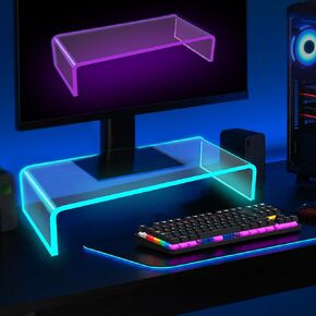 حامل شاشة أكريليك من Cutora مع ضوء LED 3.97 بوصة/5.91 بوصة ارتفاع، حامل كمبيوتر شفاف للمكتب والكمبيوتر المحمول ورف عرض سطح المكتب مع منظمات وملحقات مكتب الكمبيوتر الشخصي لألعاب المكتب والمنزل in Kuwait