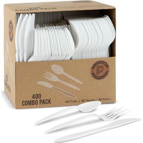 PLASTICPRO 400 Pack Disposable Plastic Utensils Assorted Colored Cutlery Combo Set Forks Spoons Knives Silverware, Black Plastic Cutlery for Parties