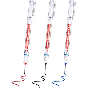 3 Pieces Multi-Purpose Deep Hole Pens Deep Drill Hole Long Nib Deep Hole Pens Colorful Carpenter Pen for Bathroom Woodworking Hardware Decoration, Red, Black, Blue