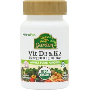 كبسولات نباتية من Natures Plus Source of Life Garden فيتامين D3 وK2-60 - تعزز دعم العظام ووظيفة المناعة وصحة القلب والأوعية الدموية وتوازن الحالة المزاجية - نباتية وخالية من الغلوتين - 60 حصة in Kuwait