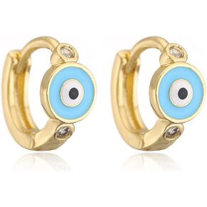 Blue Turkey Evil Eye Small Hoop Earrings for Women Girls 18K Gold Plated Charm Cubic Zirconia Cartilage Mini Tiny Round Huggie Ear Cuff Protection Lucky Statement Eternity Engagement Jewelry Fashion Gifts Bff Birthday