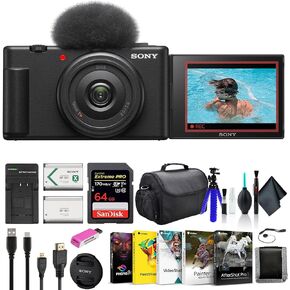 Sony ZV-1F Vlogging Camera Black ZV1F/B, Case, 64GB Card, NP-BX1 Battery, Card Reader, Corel Photo Software, HDMI Cable, Charger, Flex Tripod, Memory Card Wallet, Cap Keeper, Cleaning Kit