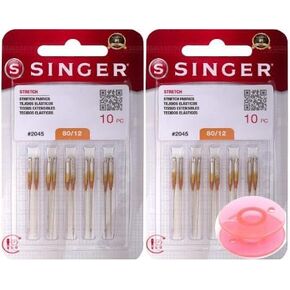 Singer 20 Counts Stretch Size 80/12-2045 Sewing Machine Needles (2 Packs) Bundle with Inceler Brand Plastic Bobbin for All Household Sewing Machines