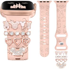Girovo Watch Band Charms Compatible with Apple Watch Band (Band Included) 41mm 40mm 38mm 49mm 45mm 44mm 42mm Women, Cute Cartoon Engraved Silicone Bands & Glitter Decorative Rings Loops for iWatch Series 9 8 7 6 5 4 3 2 SE Ultra Ultra 2