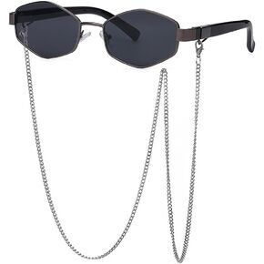 Hexagon Sunglasses with Chain for Womens and Vintage sunglasses Metal Frames Polarized Sunglasses UV400 Protection