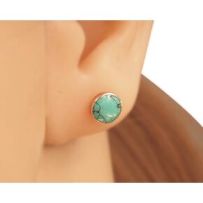 Sterling Silver 8mm Round Reconstructed Turquoise Gemstone Stud Earrings, Handmade Circle Studs Classic Design