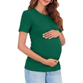 Women's Maternity Summer Tops Short Sleeve Crew Neck Ribbed Knit Slim Fitted Blouse Side Ruched Pregnancy Shirts