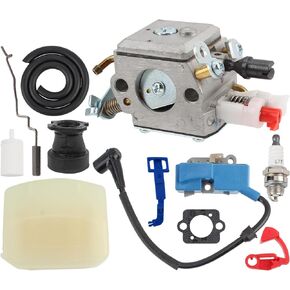 AUTOKAY Carburetor for 340 340E 345 345E 346XP 350 350EPA 353 503283210 Double Tube with Fuel Line Air Filter Intake Manifold Kit and Ignition Coil 537162101 537162104