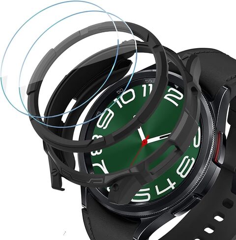 [عبوتان + عبوتان] حافظة متوافقة مع ساعة Samsung Galaxy Watch 6 Classic 43mm / 47mm، حافظة واقية من الكمبيوتر الشخصي + حلقة إطار من حجر الراين اللامع من PC + 2 طبقة حماية للشاشة من الزجاج المقوى، أسود + أسود in Kuwait